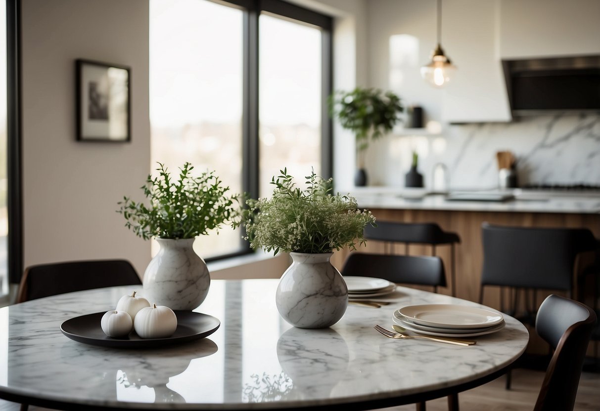 A marble tabletop adorned with sleek kitchen accessories, set in a modern dining room, serving as inspiration for home decor ideas