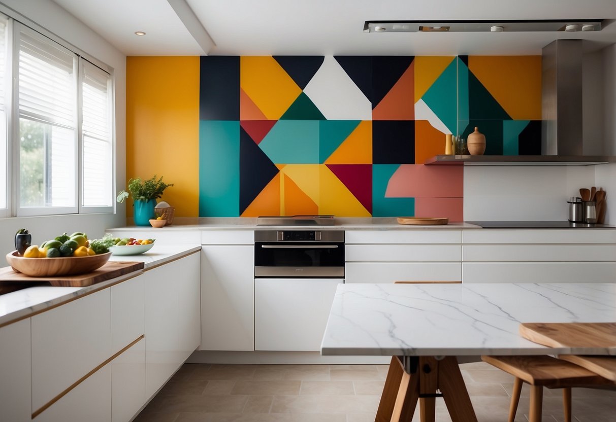 A modern kitchen with bold geometric wall art, featuring clean lines and vibrant colors. The art adds a pop of personality to the dining room, creating a contemporary and stylish home decor idea