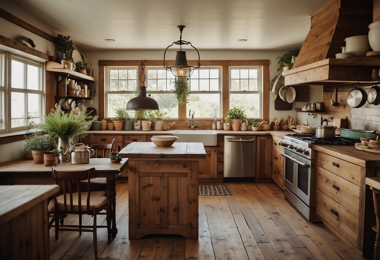 A cozy farmhouse kitchen with rustic wooden cabinets, a farmhouse sink, hanging pots and pans, and a vintage-inspired dining table with mismatched chairs