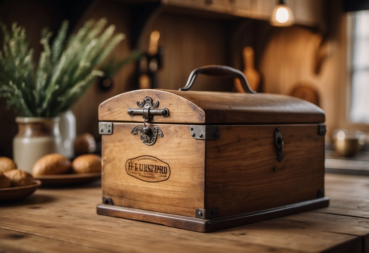 A vintage wooden bread box sits on a farmhouse kitchen counter, surrounded by rustic home decor