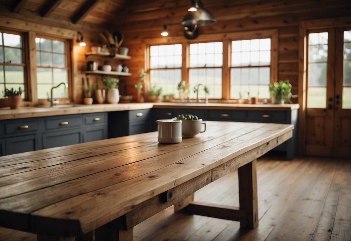 A rustic barn wood table sits in a farmhouse kitchen, adorned with simple yet elegant home decor