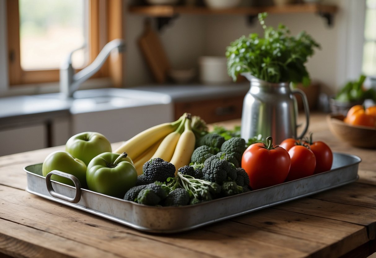 A galvanized metal tray sits on a wooden farmhouse kitchen table, adorned with fresh produce and rustic kitchen utensils, creating a cozy and inviting home decor scene