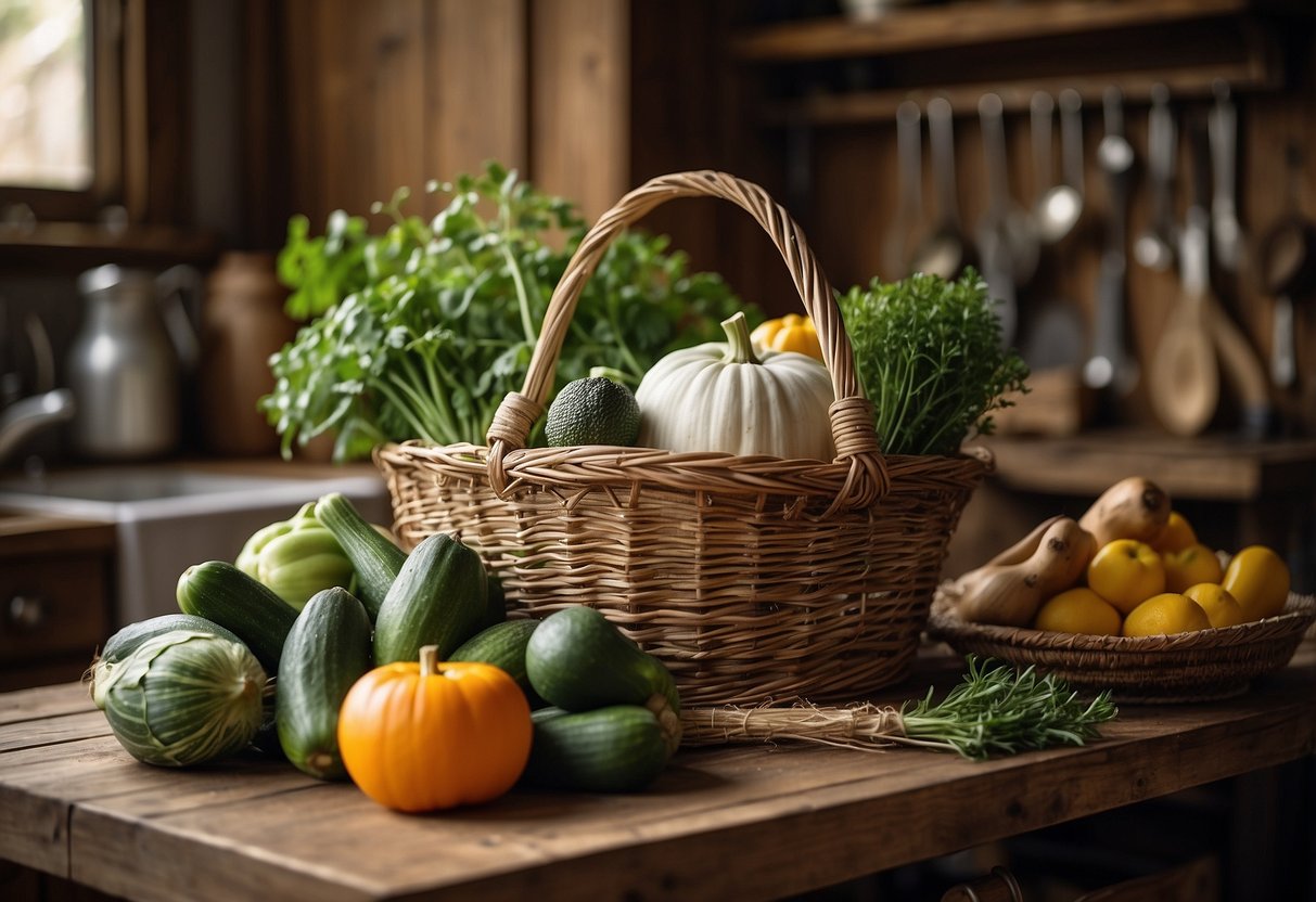 A woven seagrass basket sits on a rustic farmhouse kitchen table, filled with fresh produce and surrounded by vintage kitchen utensils