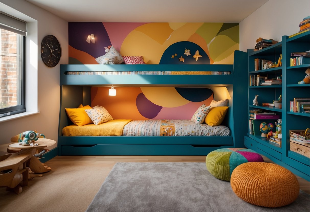 A colorful and playful kids bedroom with a themed wall mural, bunk beds, and a cozy reading nook with floor cushions and bookshelves