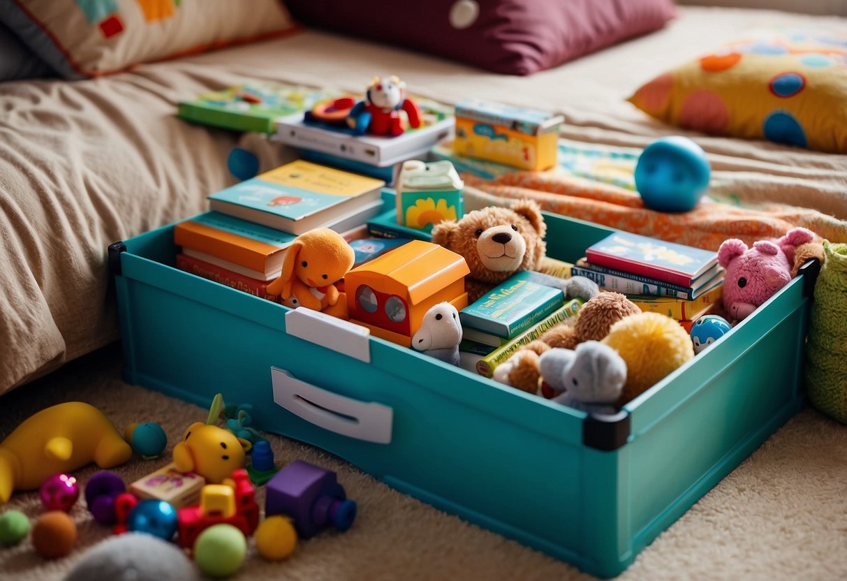 Colorful under-bed storage bins neatly organized with toys and books, adding a playful and practical touch to a kids' bedroom decor