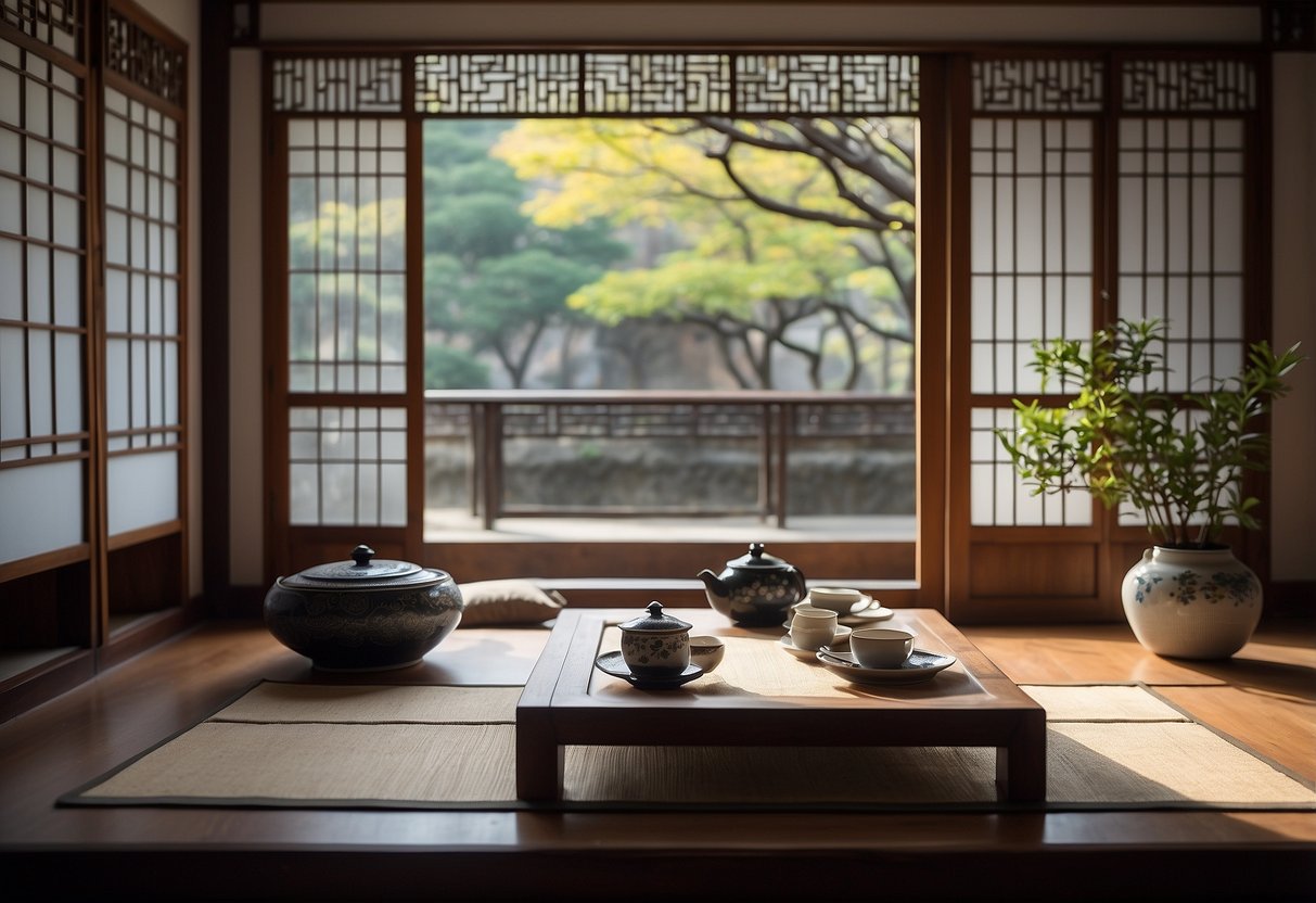 A traditional Korean home with low wooden furniture, paper sliding doors, and a floor mat. A delicate porcelain tea set sits on a low table, and a decorative screen separates the room