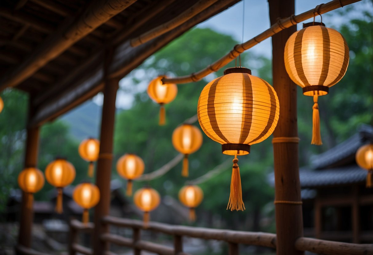 Hanji paper lanterns hang from bamboo beams, casting a warm glow on traditional Korean home decor