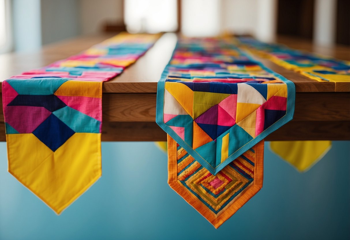 A table adorned with colorful, geometric bojagi-inspired runners, adding a touch of Korean flair to the room