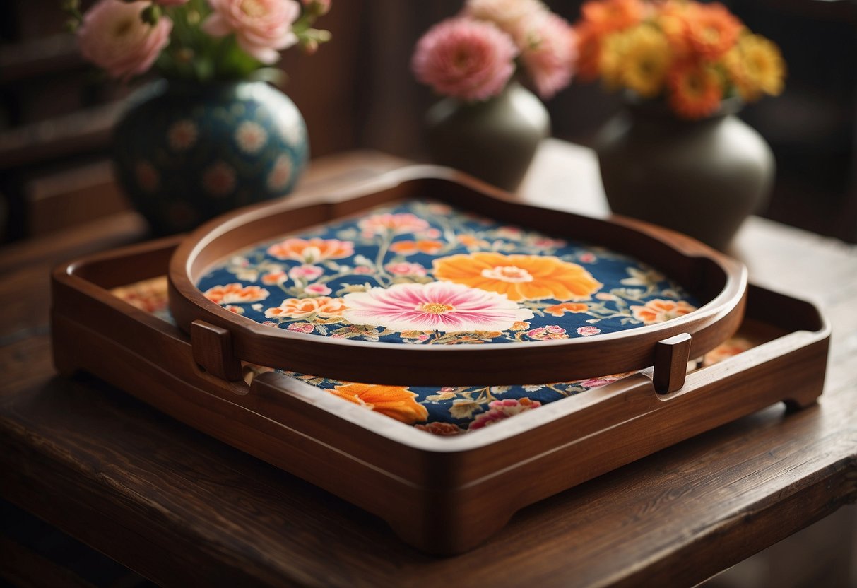 A traditional Korean wooden tray (soban) sits on a low table, adorned with delicate floral patterns and surrounded by colorful fabric and decorative items