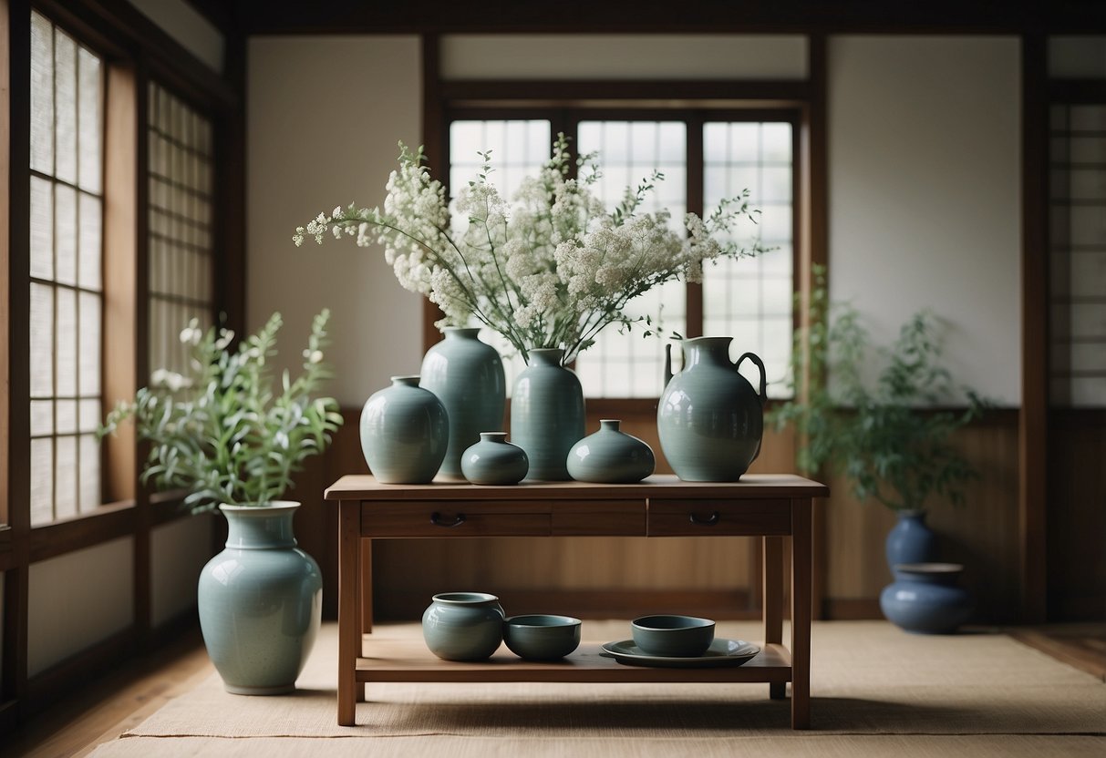 A serene Korean home with celadon pottery accents, featuring traditional furniture and delicate floral arrangements