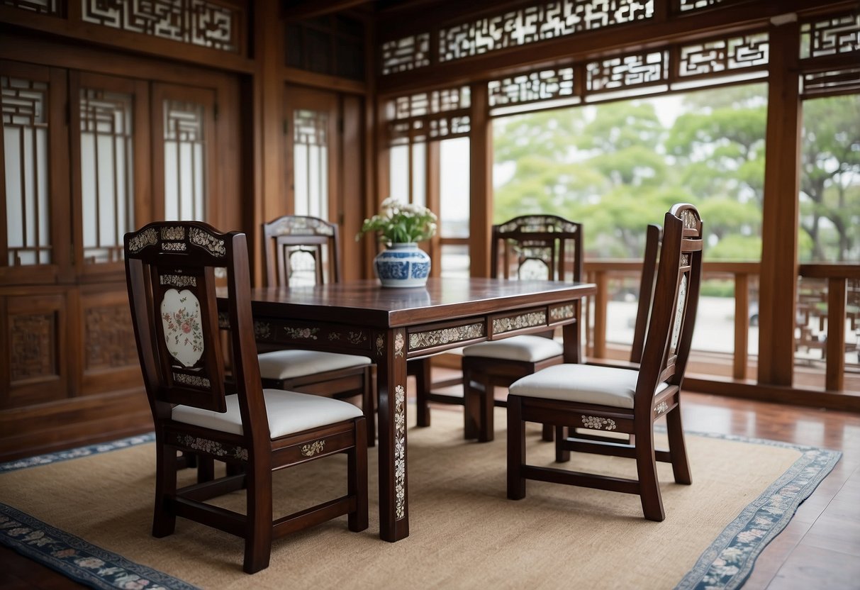 A wooden table and chairs with intricate mother-of-pearl inlay, surrounded by traditional Korean home decor accents