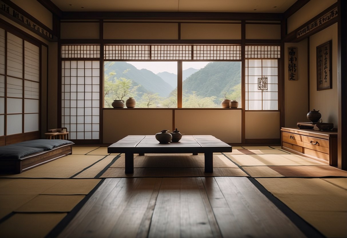 A traditional Korean home with tatami mats, low wooden furniture, and paper sliding doors