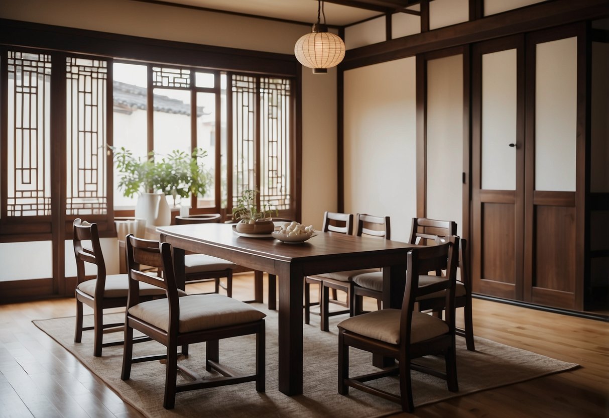 A traditional Korean home with wooden furniture, paper sliding doors, low dining table, floor cushions, and decorative screens