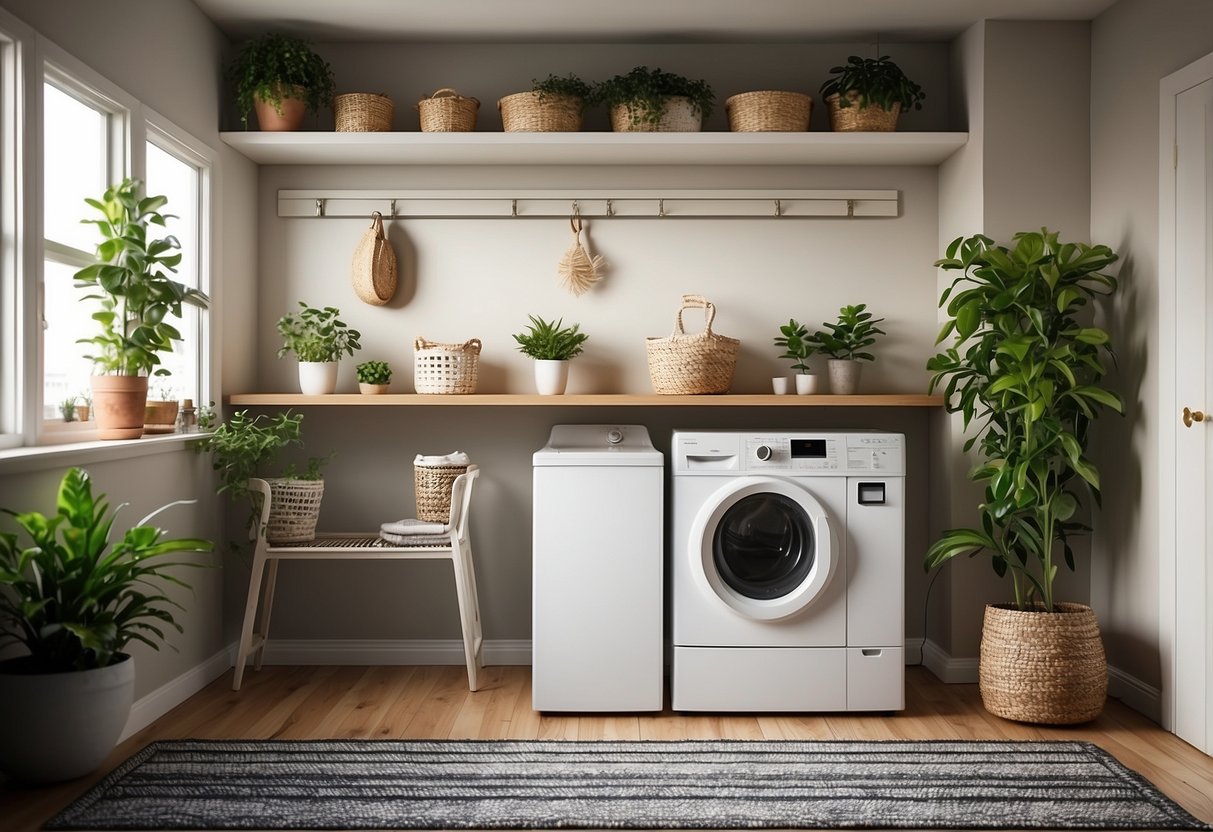 A laundry room with a hanging shelf for storage, a folding table, a decorative rug, and a potted plant to add a touch of greenery