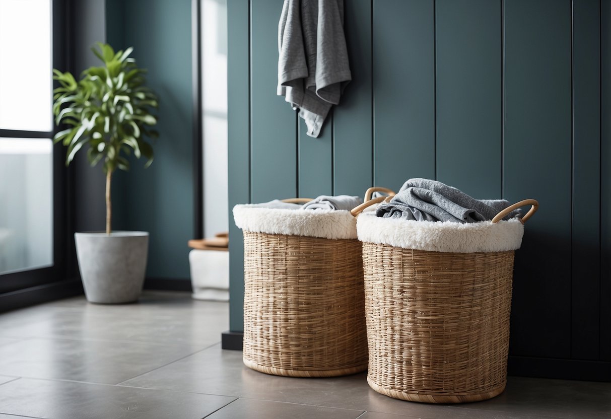 Two stylish dual laundry hampers sit side by side in a modern laundry room, adding a touch of organization and functionality to the space