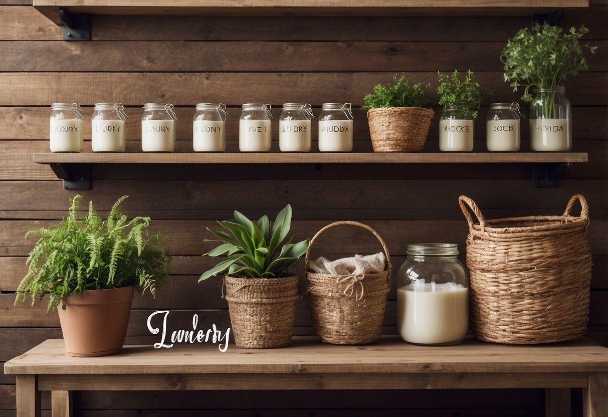 A laundry room with farmhouse style shelving, adorned with woven baskets, glass jars, and potted plants. A rustic wooden sign with the word "Laundry" hangs above the shelves, adding a touch of charm to the space