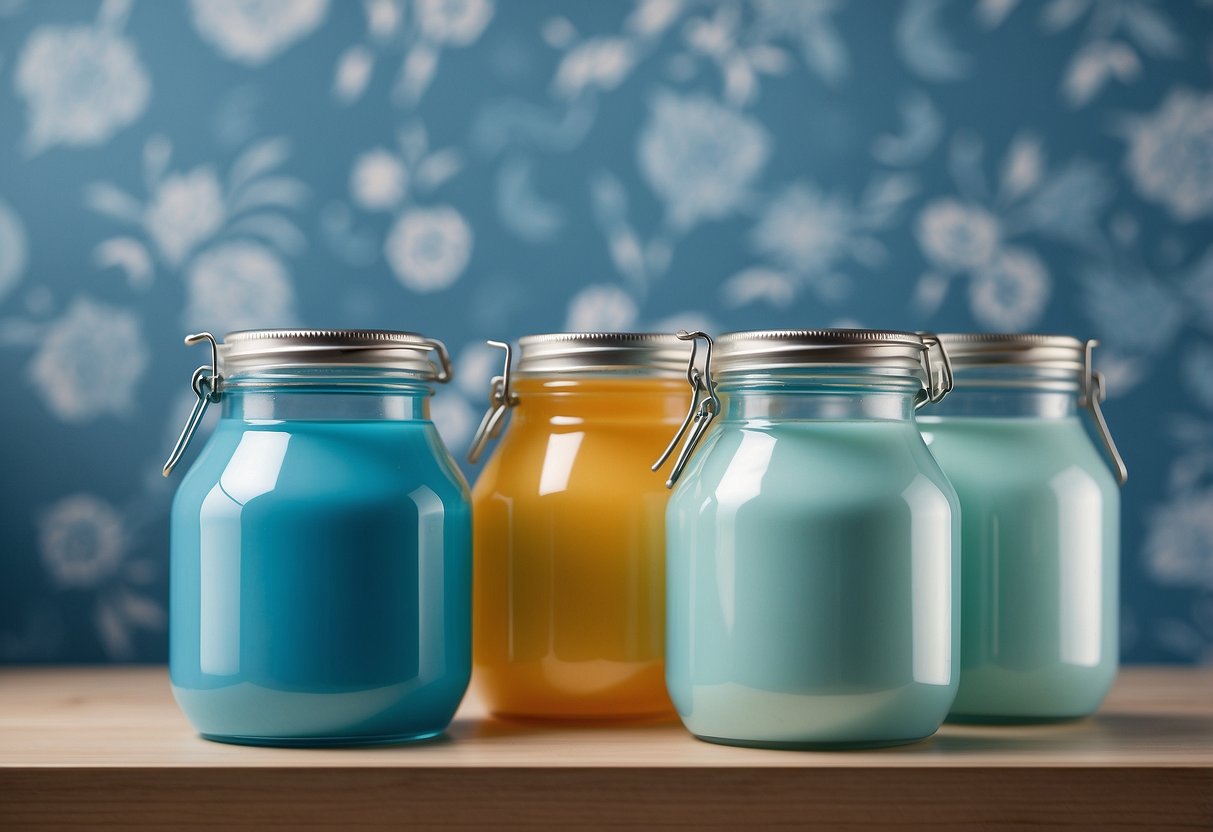 Glass jars filled with colorful laundry detergent pods and fabric softener sheets arranged on a shelf with a backdrop of a light blue, patterned wallpaper