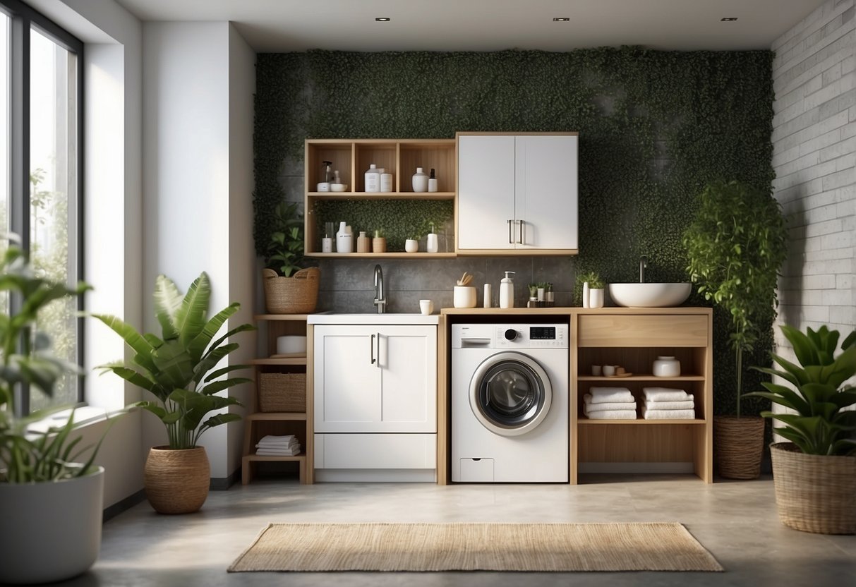 A modern laundry room with a sleek, eco-friendly detergent dispenser mounted on the wall, surrounded by plants and natural decor