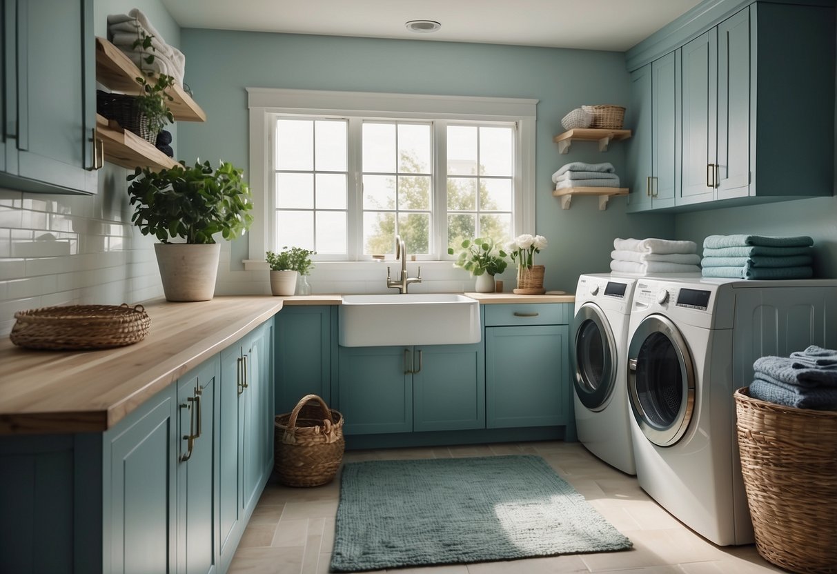 A laundry room with a calming color palette of soft blues and greens, accented with natural wood and white accents for a serene and inviting atmosphere