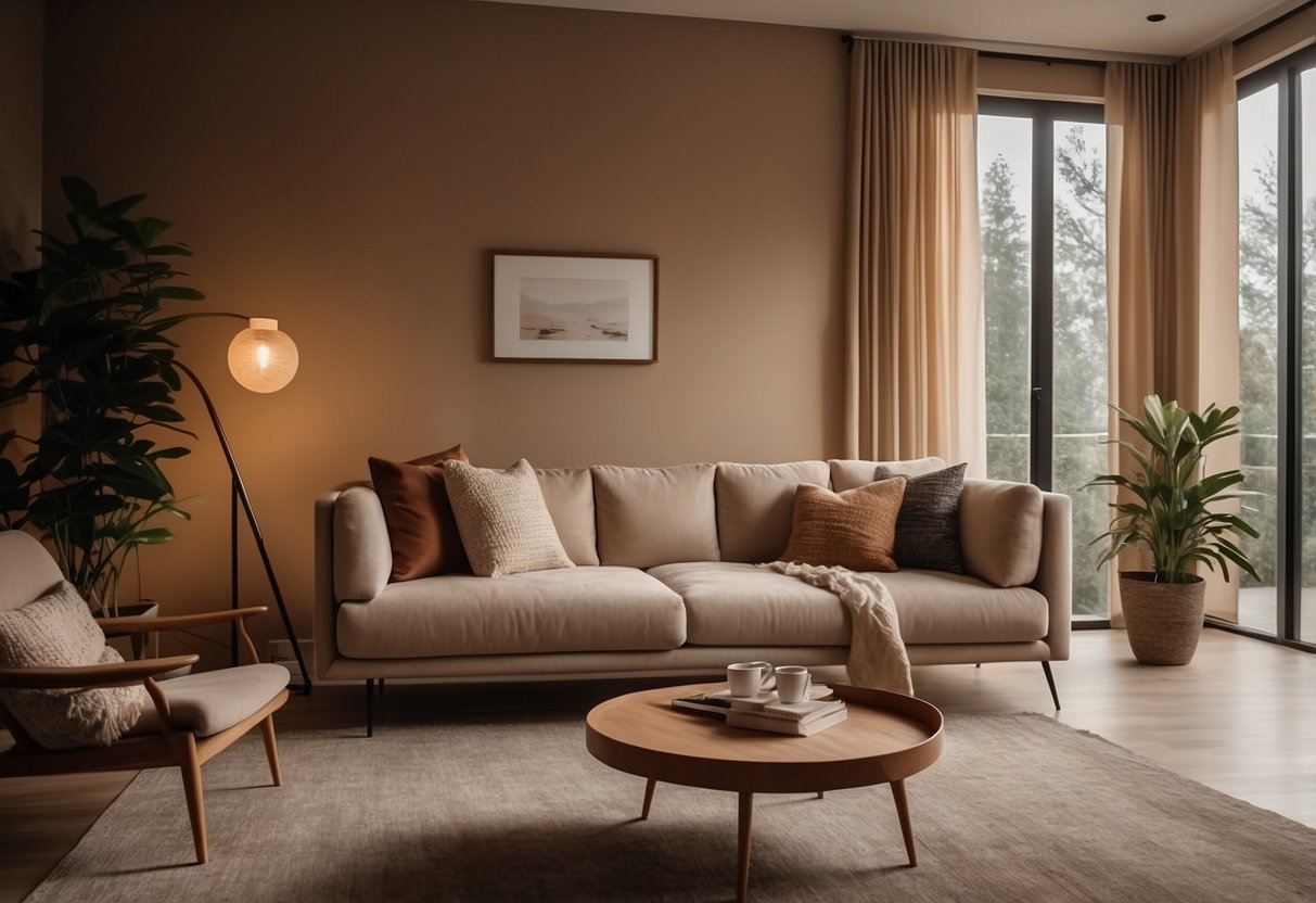 A cozy living room with warm-toned walls, a plush sofa, and a sleek coffee table. Two modern floor lamps illuminate the space, casting a soft glow over the room's decor