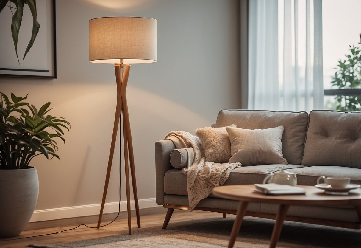 A sleek Mid-Century Modern Tripod Lamp illuminates a minimalist living room with clean lines and retro charm