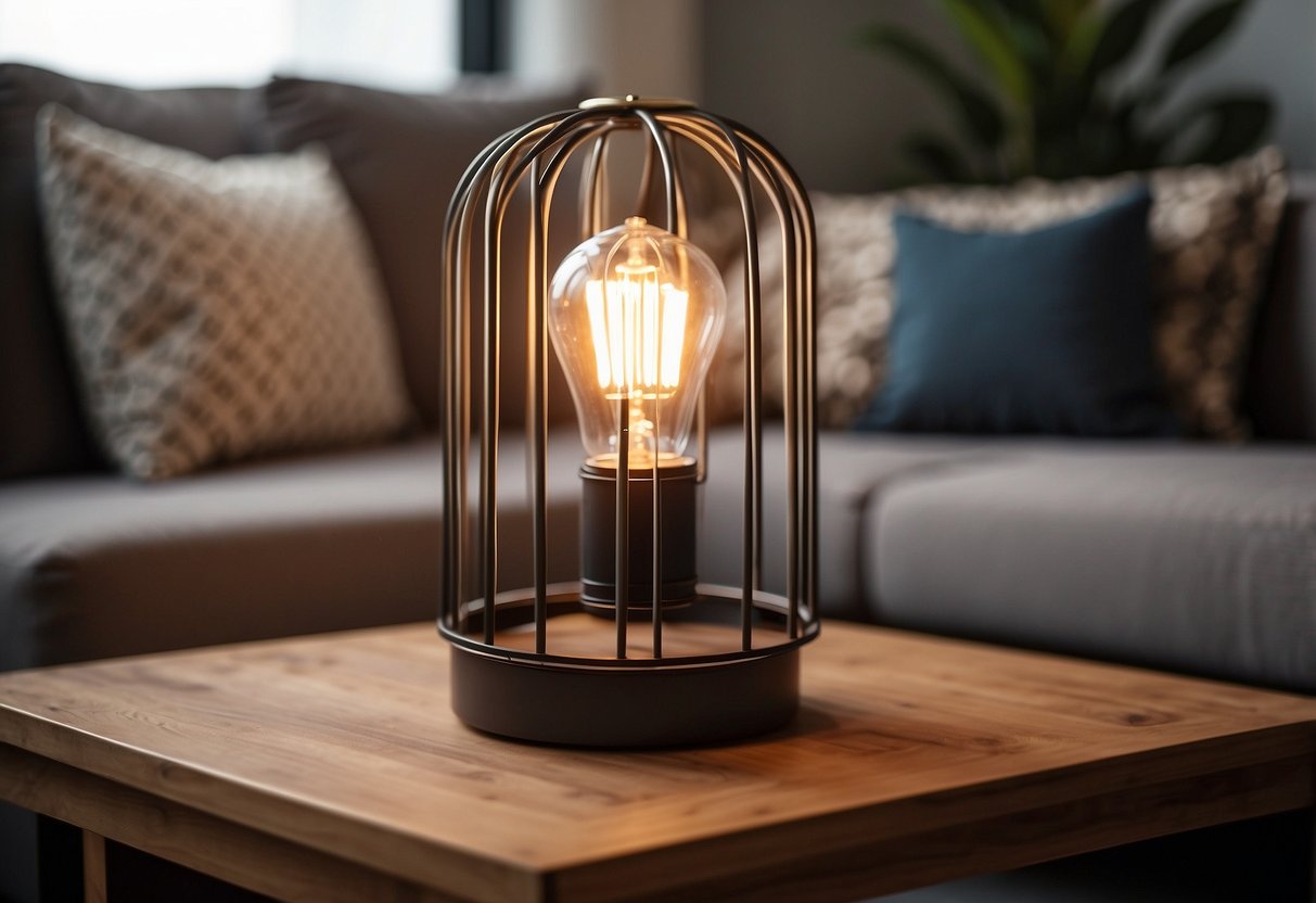 A metal cage table lamp sits on a wooden side table in a cozy living room, casting a warm glow and adding an industrial touch to the decor