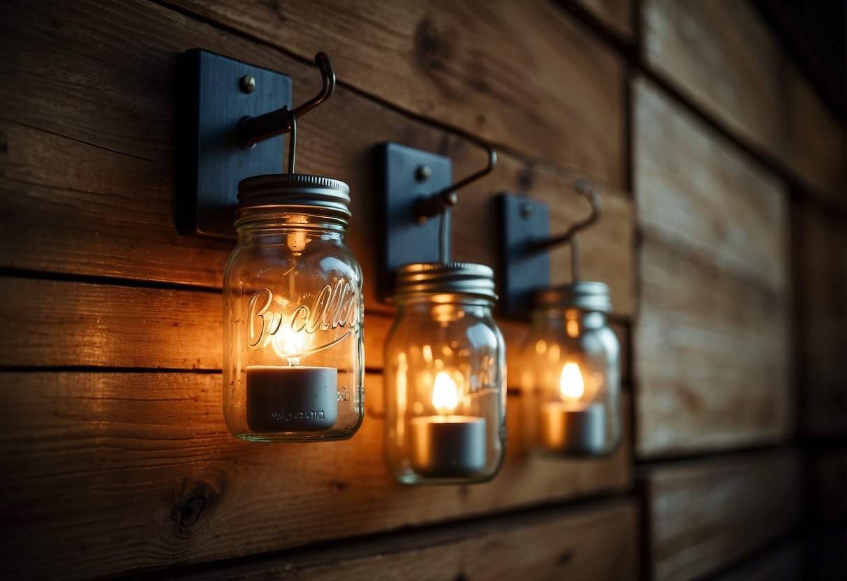 Two mason jar wall sconces hang on a rustic wooden wall, each with a flickering candle inside, casting a warm and cozy glow