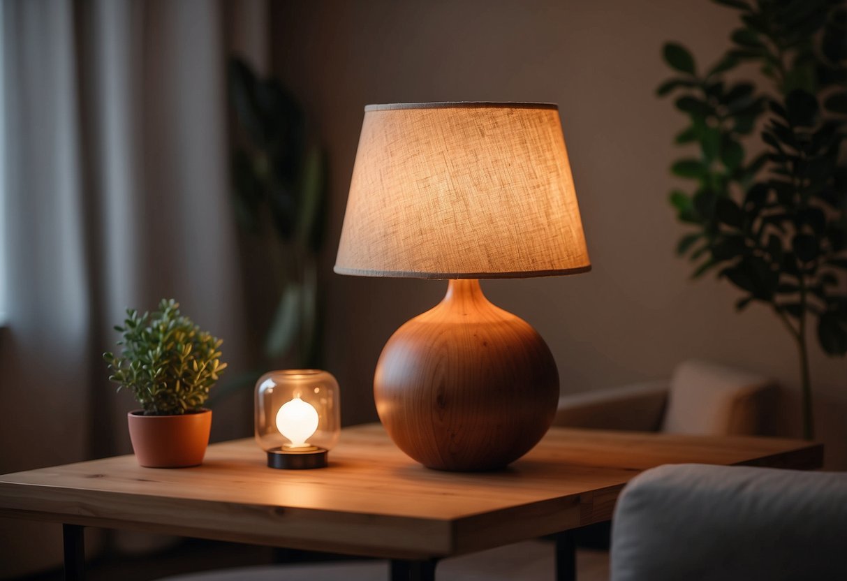 A Scandinavian wooden table lamp sits on a sleek table, casting a warm glow in a cozy living room