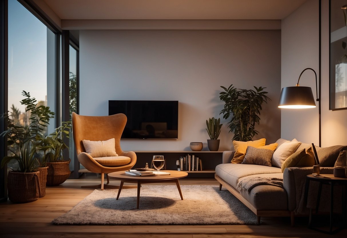 A modern living room with a sleek arc floor lamp casting a warm glow over a cozy reading nook