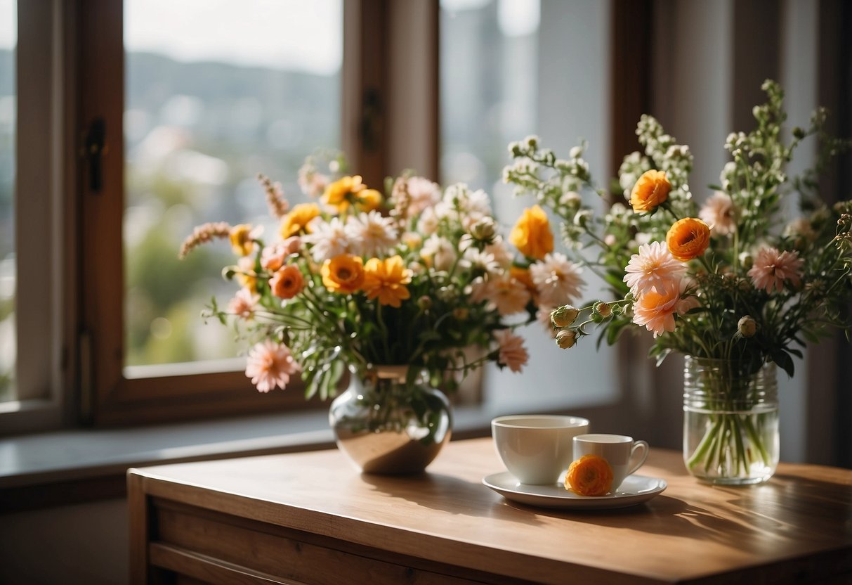 A landing with a cozy bench, a small table, and a vase of flowers. A mirror hangs on the wall, reflecting the warm, inviting space