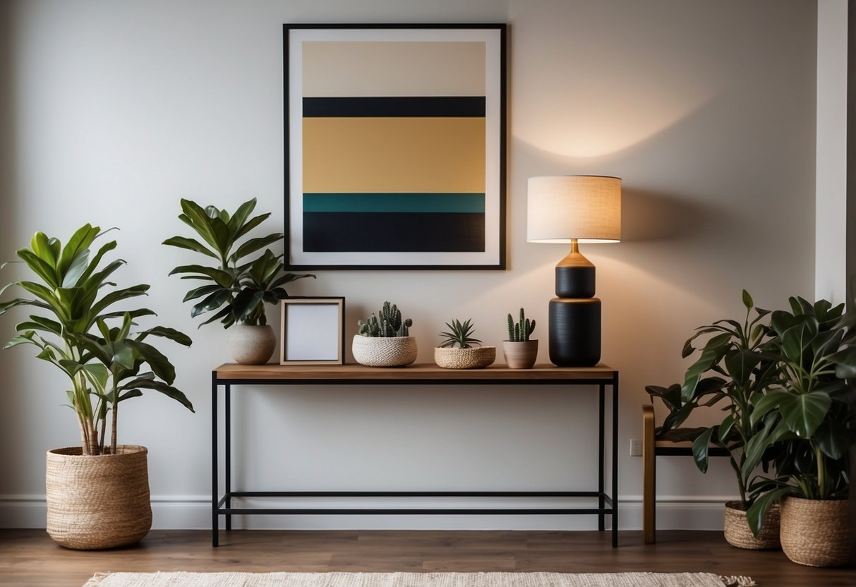 A cozy landing with a statement art piece above a sleek console table, complemented by a modern lamp and a potted plant