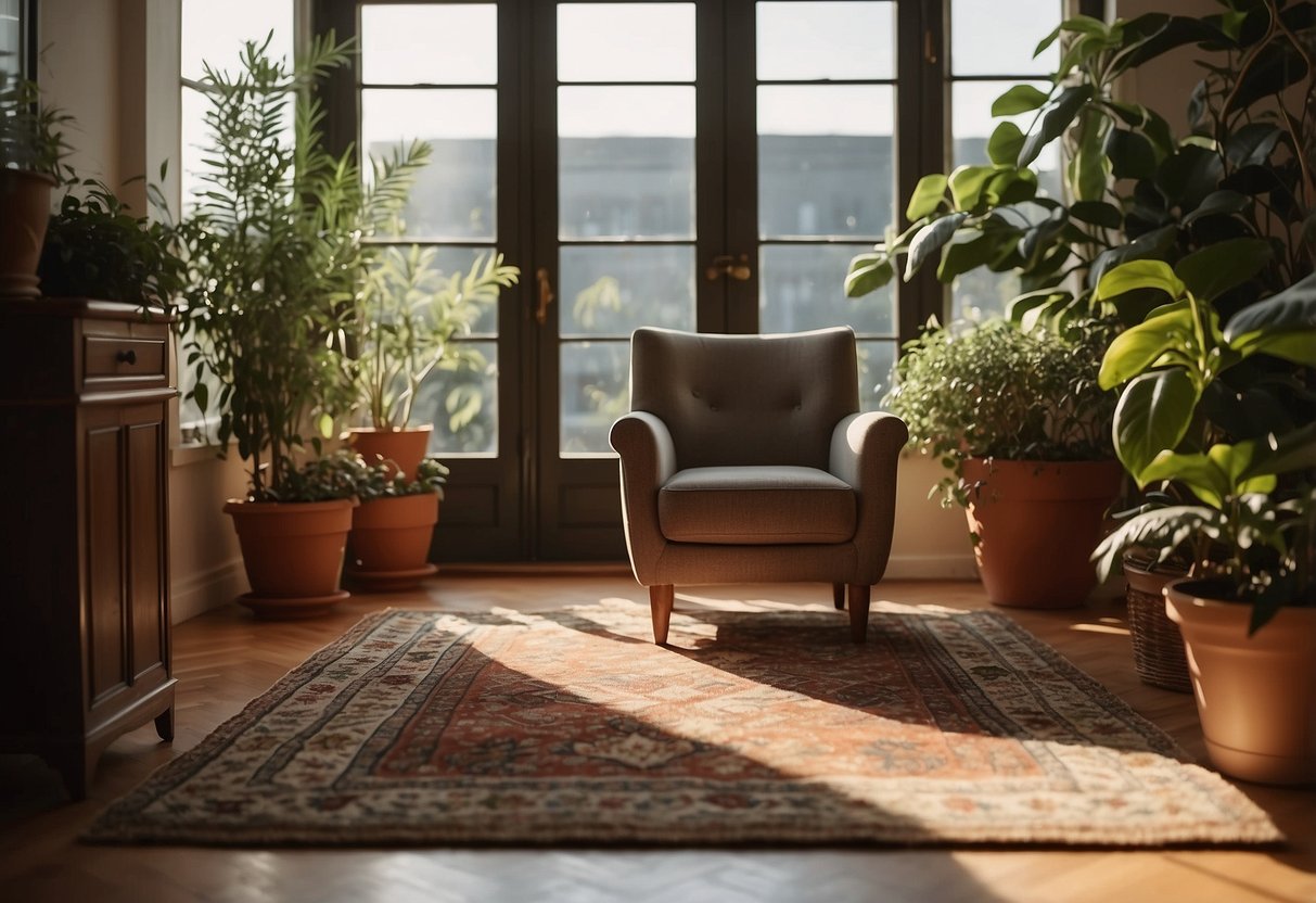 A vintage rug adorns a landing, paired with potted plants and a cozy armchair. Sunlight filters through a nearby window, casting warm shadows