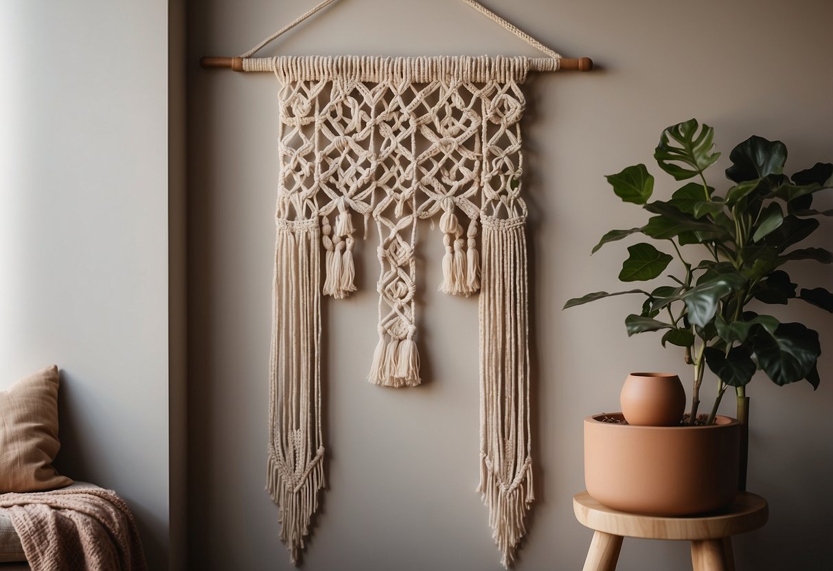 A macrame wall hanging adorns a landing, adding texture and warmth to the space