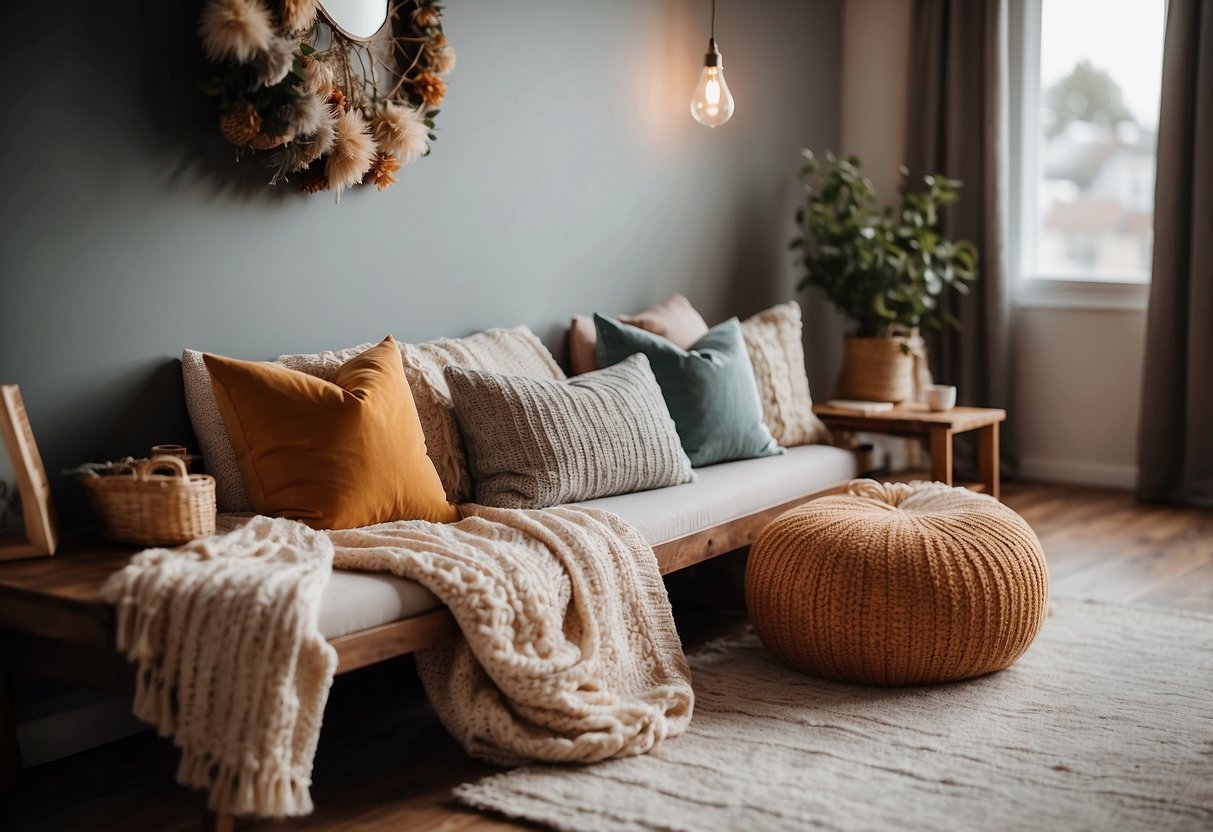 A cozy landing with colorful throw pillows arranged on a bench and a soft rug, creating a warm and inviting atmosphere