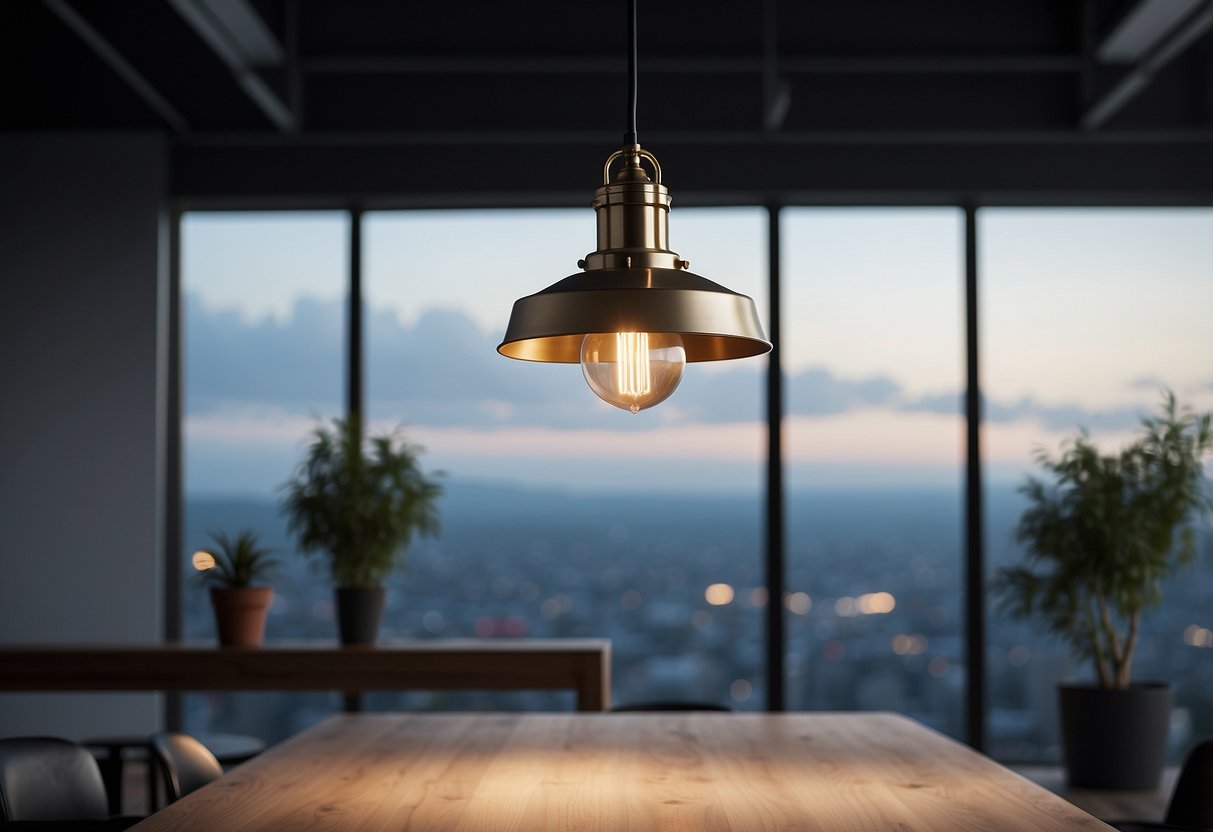 A sleek, modern industrial light fixture hangs above a minimalist landing, casting a warm glow on the space