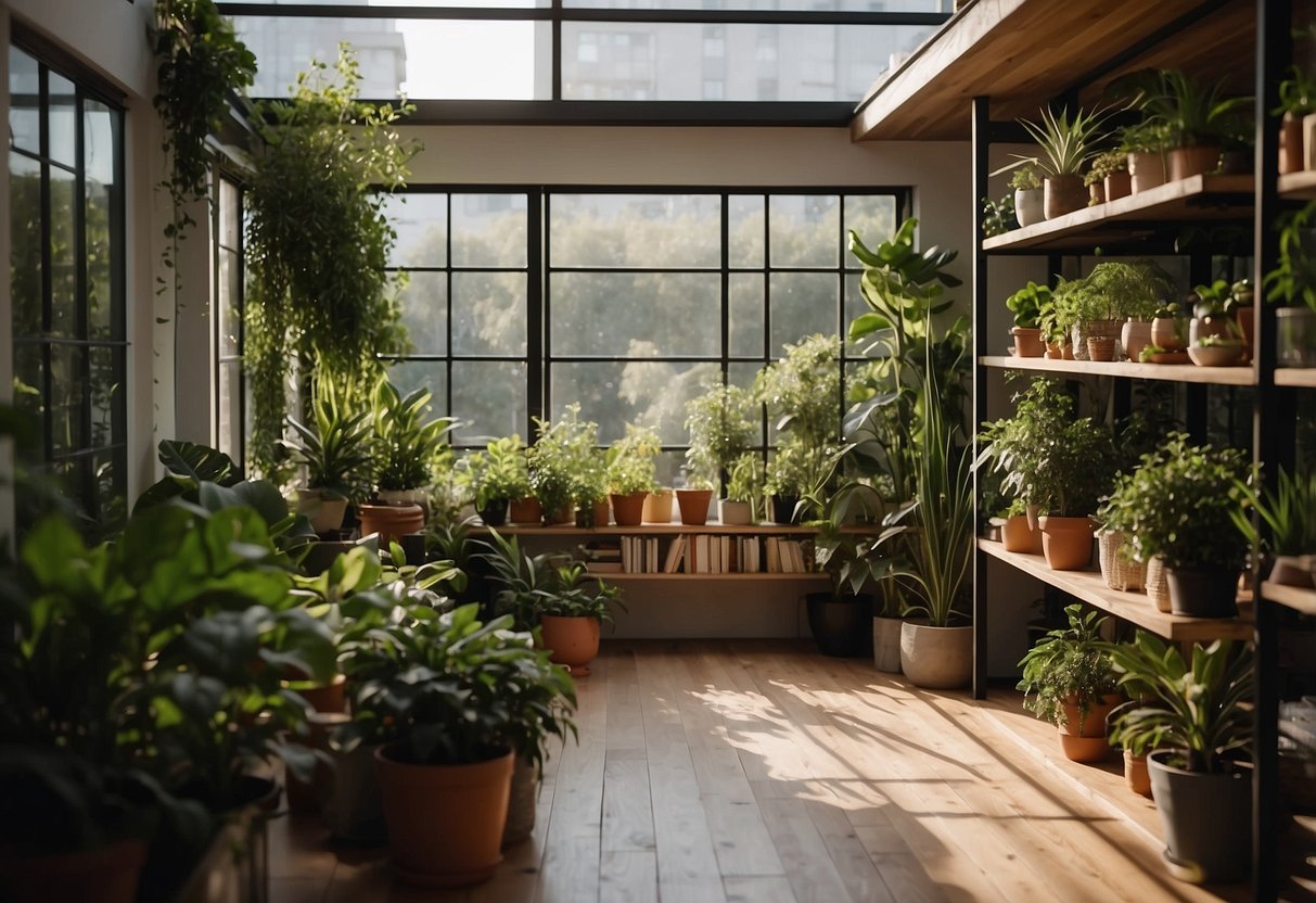 A cozy landing with a variety of indoor plants arranged on shelves and tables, adding a touch of greenery to the space