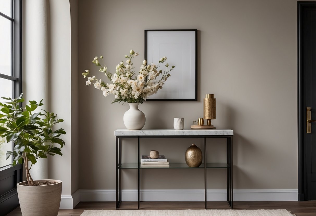 A sleek marble console table sits against a neutral wall in a well-lit landing, adorned with a minimalist vase and a few carefully curated decorative items