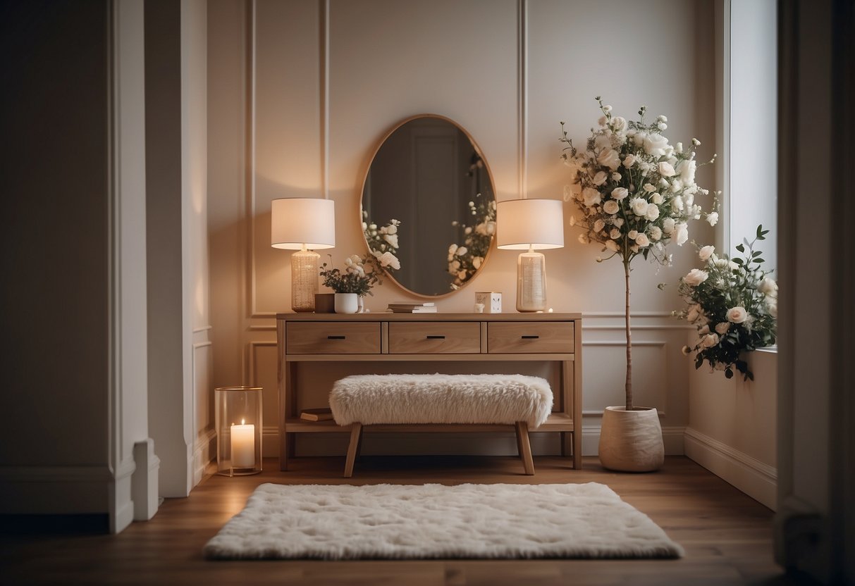 A cozy landing with a plush rug, a small console table with a vase of flowers, and a mirror on the wall. Warm lighting and a few decorative accents create a welcoming atmosphere