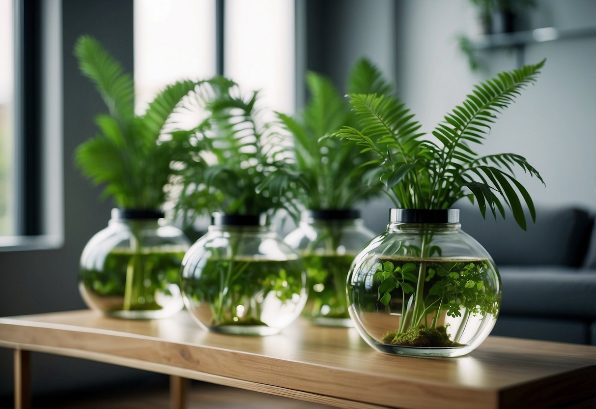 Lush green leaves arranged in glass vases, adorning shelves and tables in a modern, minimalist living room