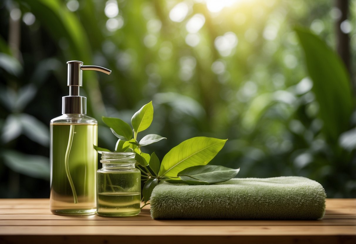 A bathroom set with leaf motif decor, including shower curtain, towels, and soap dispenser, arranged on a bamboo shelf against a backdrop of greenery