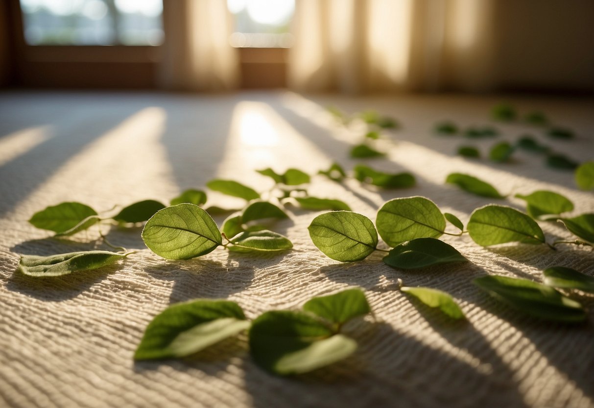 Sunlight filters through leaf-embroidered curtains, casting delicate patterns on the floor. A gentle breeze rustles the fabric, bringing the outdoors inside