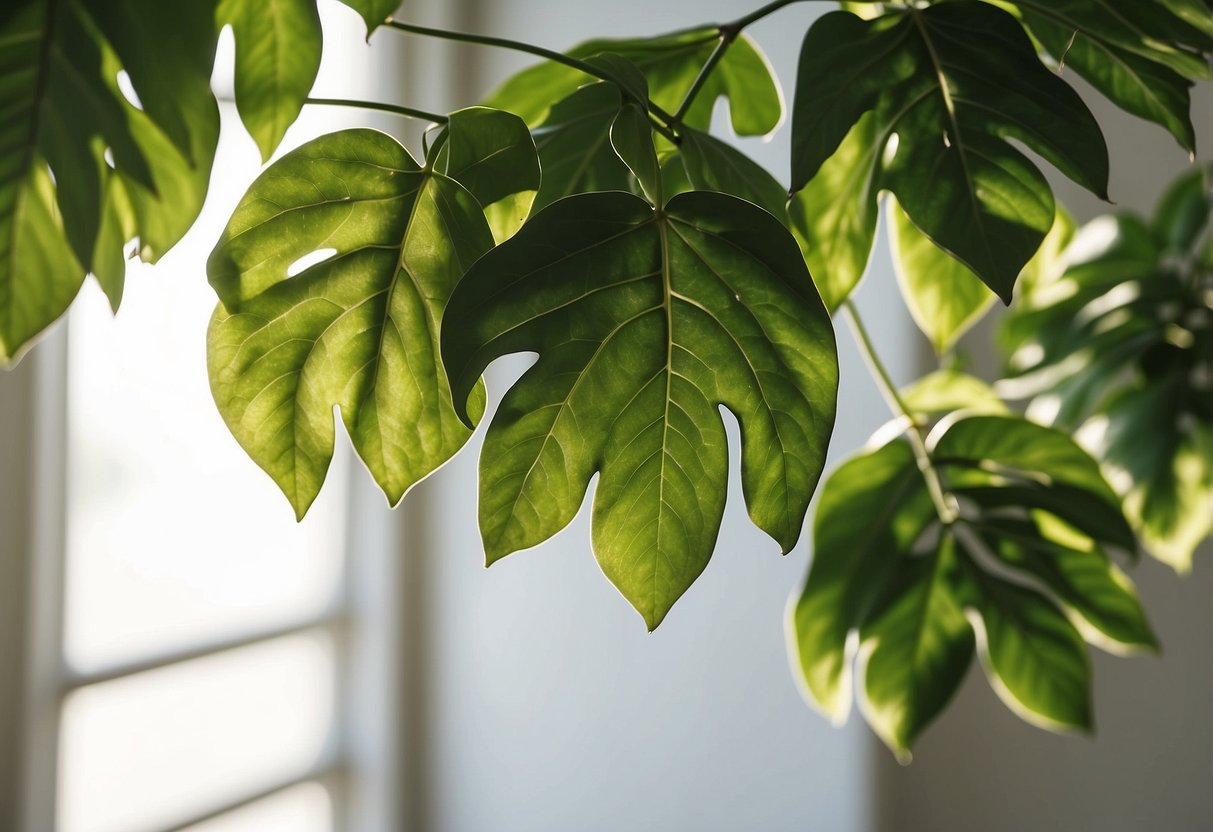 Lush green leaves arranged on a white background, framed and hung on a wall. Sunlight streaming through a window, casting shadows on the intricate leaf patterns