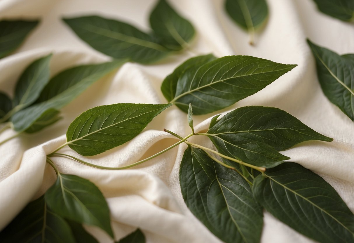 Green leaves intertwine on a cream-colored fabric, creating a natural and elegant pattern for home decor textiles