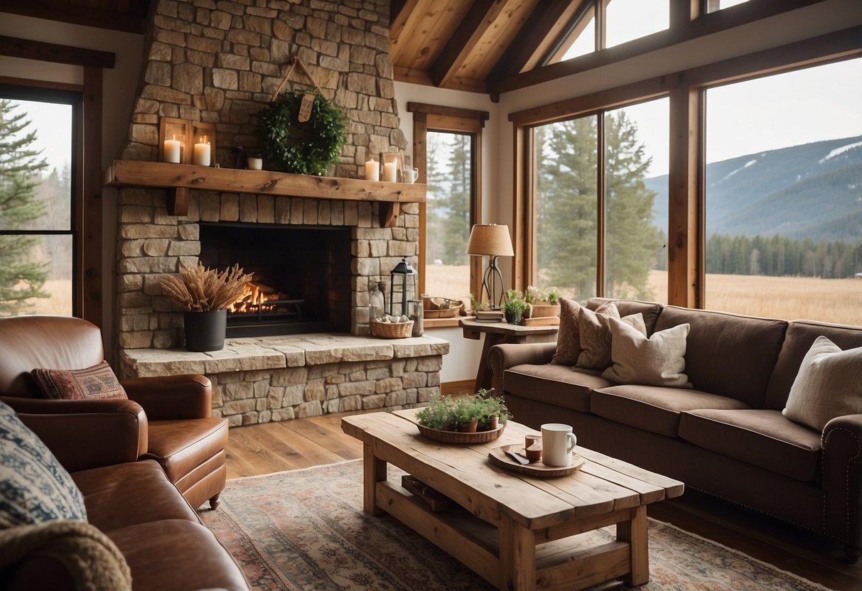 A cozy farmhouse living room with a rustic fireplace, exposed wooden beams, comfy oversized sofas, and a vintage area rug. Rustic wall decor, soft throw blankets, and a large coffee table complete the look