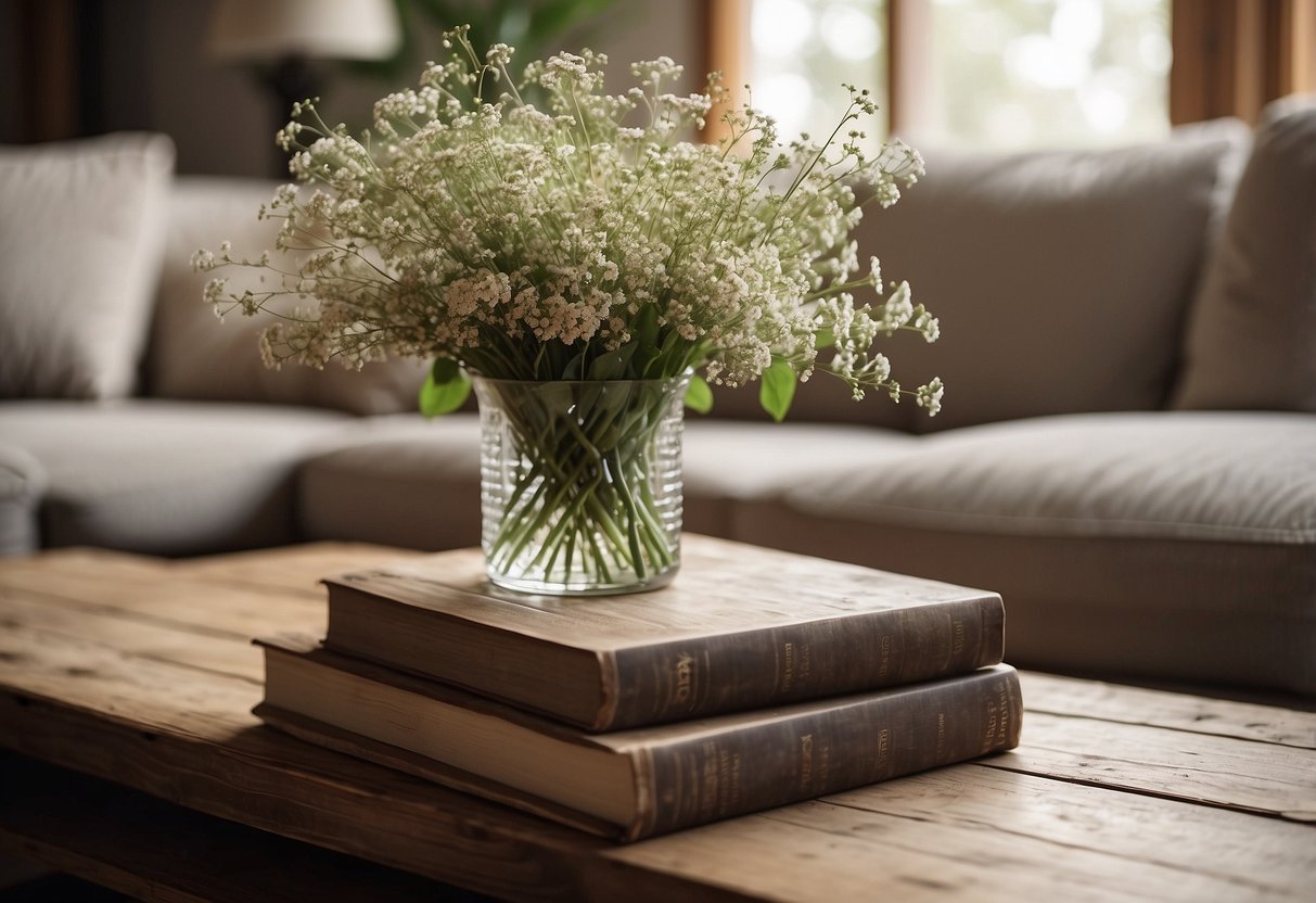 A weathered wooden coffee table sits in a farmhouse living room, adorned with a simple vase of wildflowers and a stack of vintage books