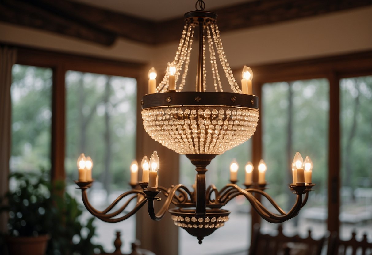 A vintage farmhouse chandelier hangs above a cozy living room with rustic furniture and warm lighting