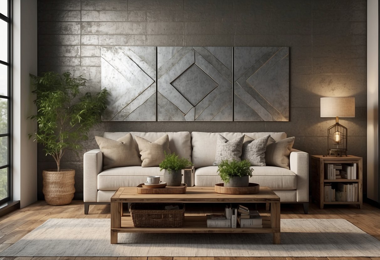 A rustic farmhouse living room with galvanized metal wall decor, featuring geometric shapes and distressed finish