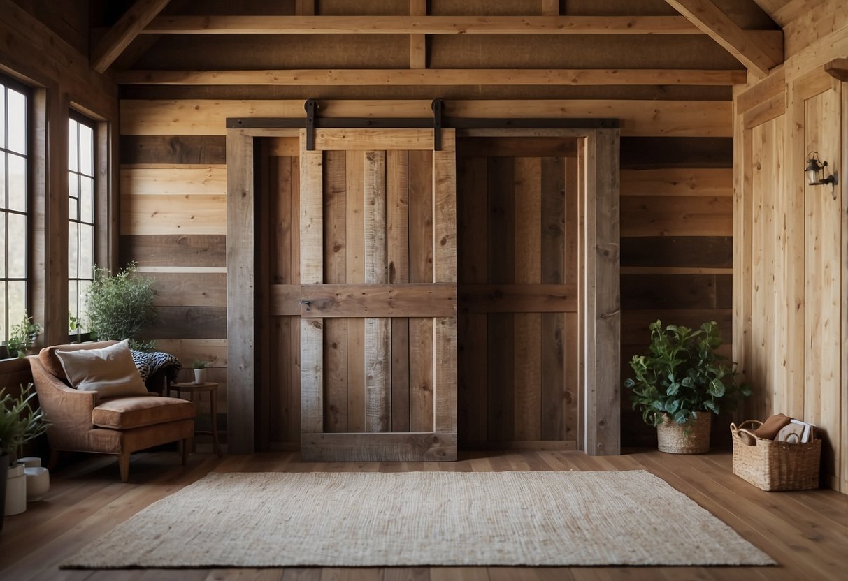 A weathered barn door cabinet stands in a cozy farmhouse living room, adding rustic charm to the space