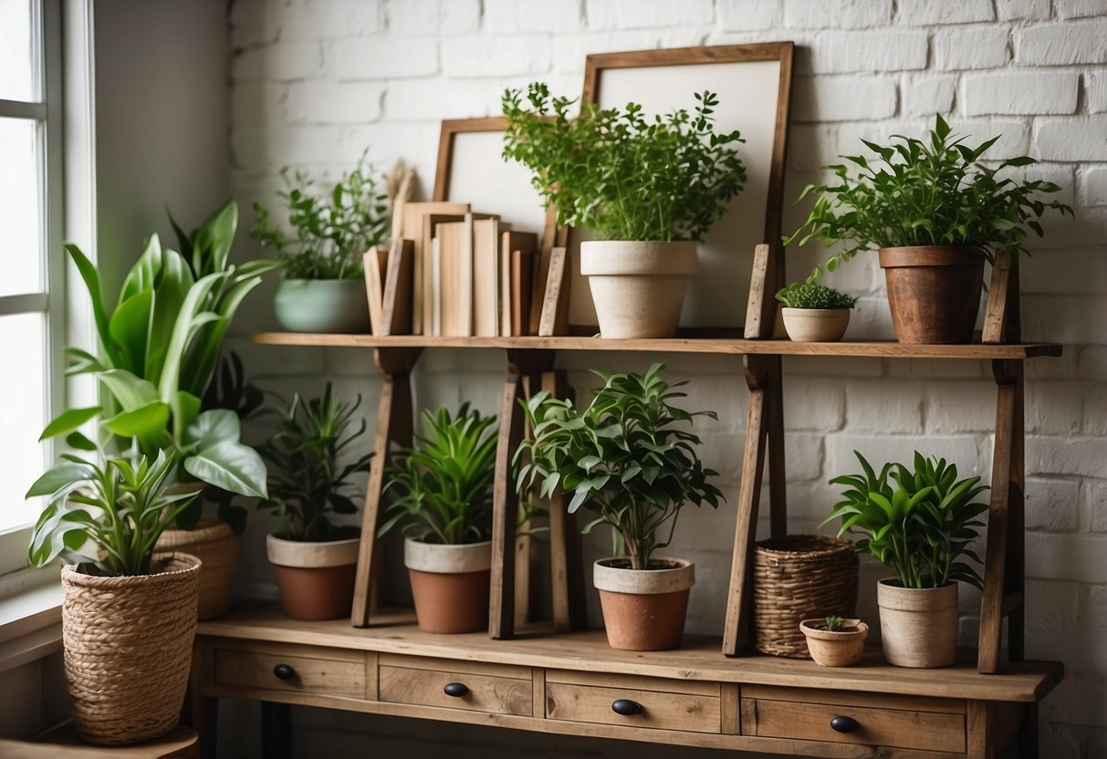 Rustic wooden shelves hang on a white brick wall in a cozy farmhouse living room, adorned with potted plants, antique books, and woven baskets