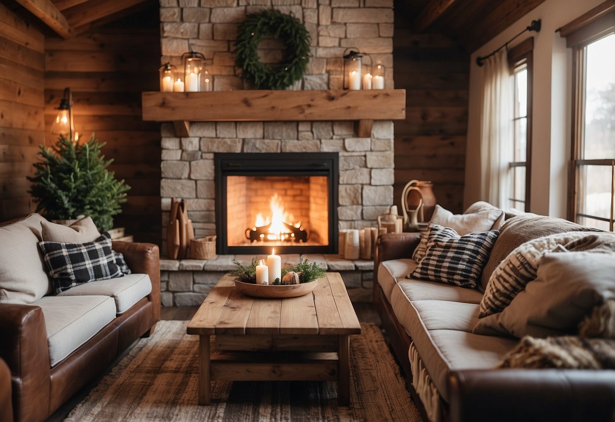 Cozy farmhouse living room with plaid throw pillows on a rustic sofa, surrounded by warm wood accents and a crackling fireplace